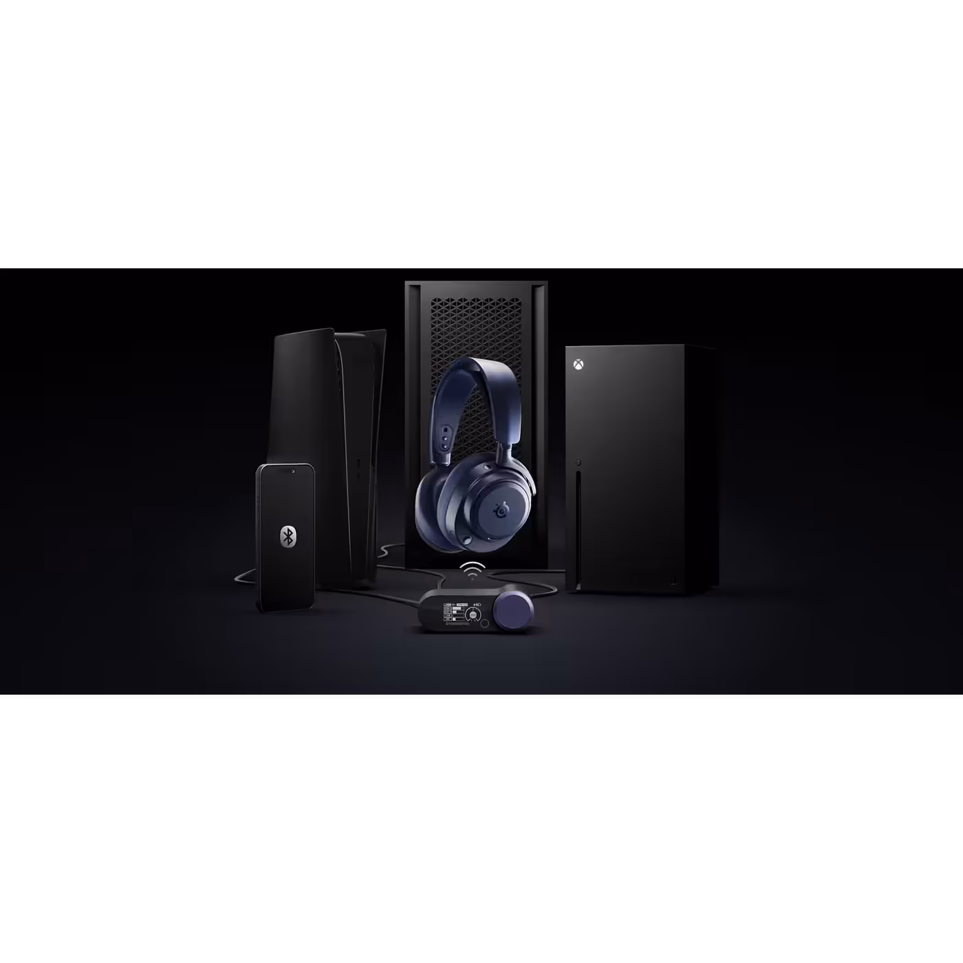 Arctis Nova Pro Omni Midnight Blue in front of a PC, PlayStation, Xbox and phone