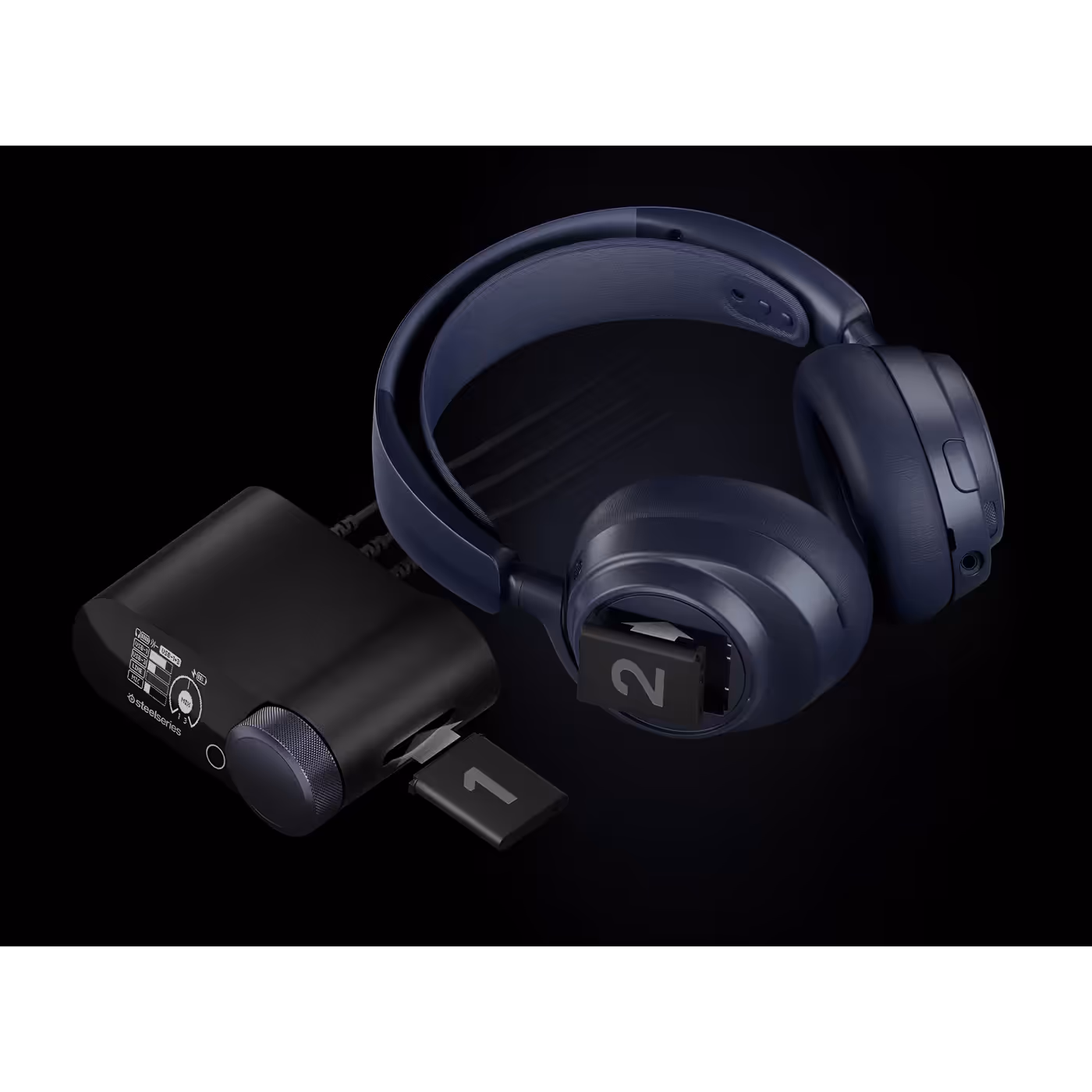 Arctis Nova Pro Omni Midnight Blue with the GameHub battery slot and two batteries