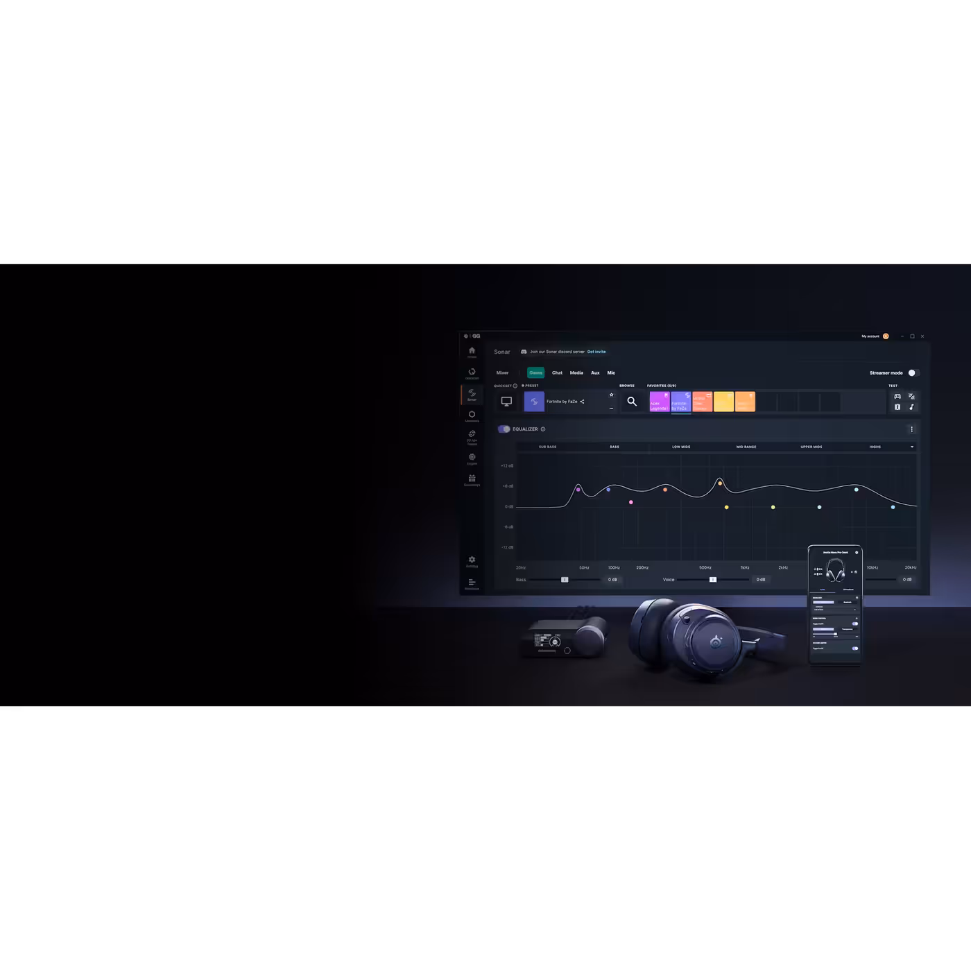 SteelSeries GG Sonar EQ on a monitor with the headset, GameHub and app