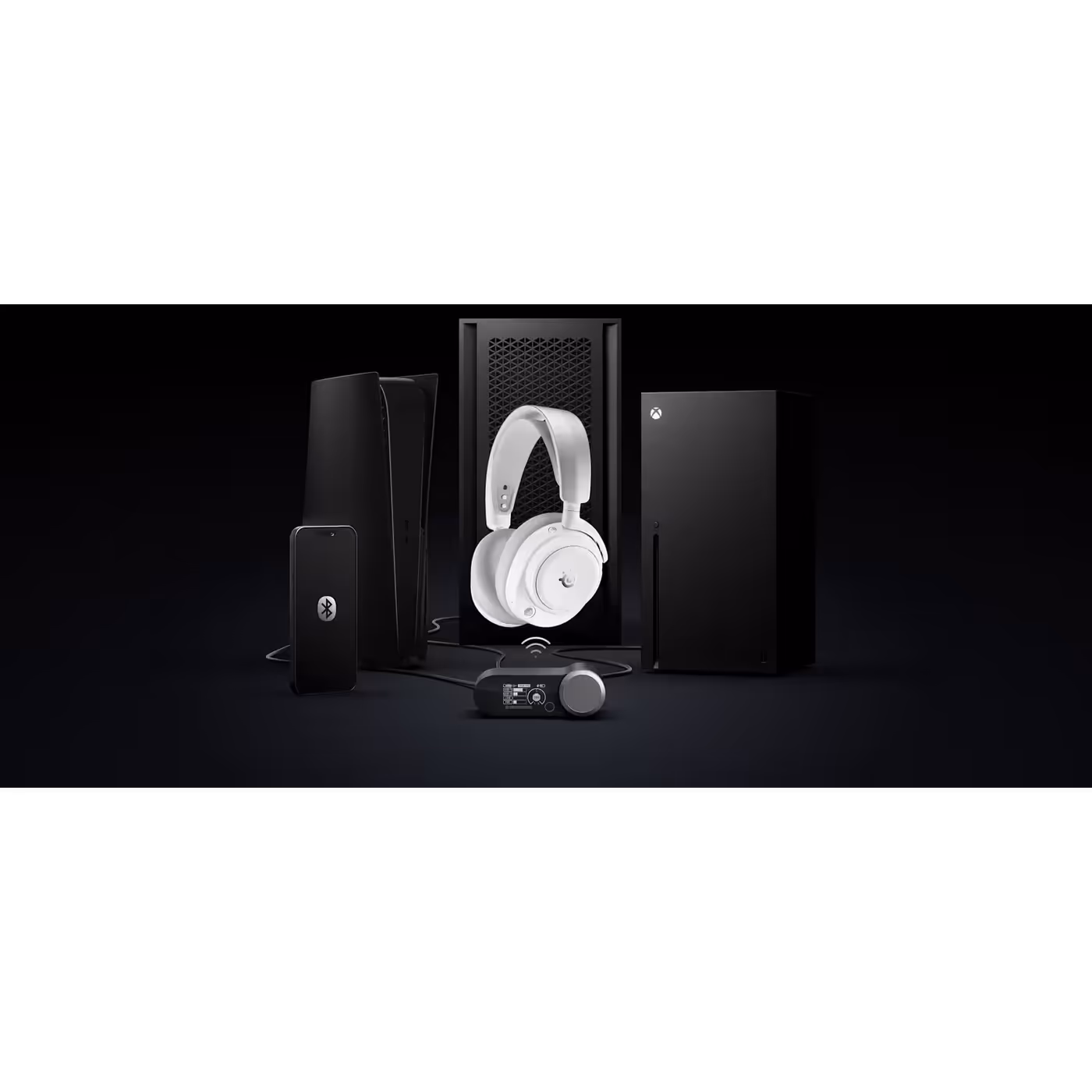 Arctis Nova Pro Omni White in front of a PC, PlayStation, Xbox and phone