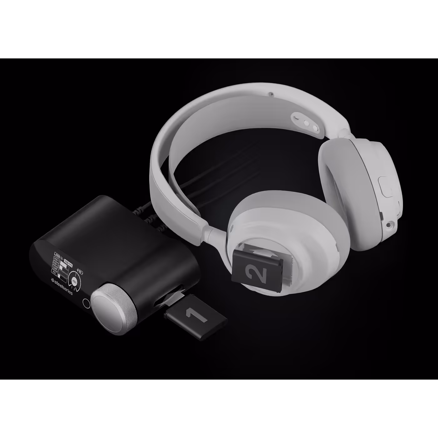 Arctis Nova Pro Omni White with the GameHub battery slot and two batteries