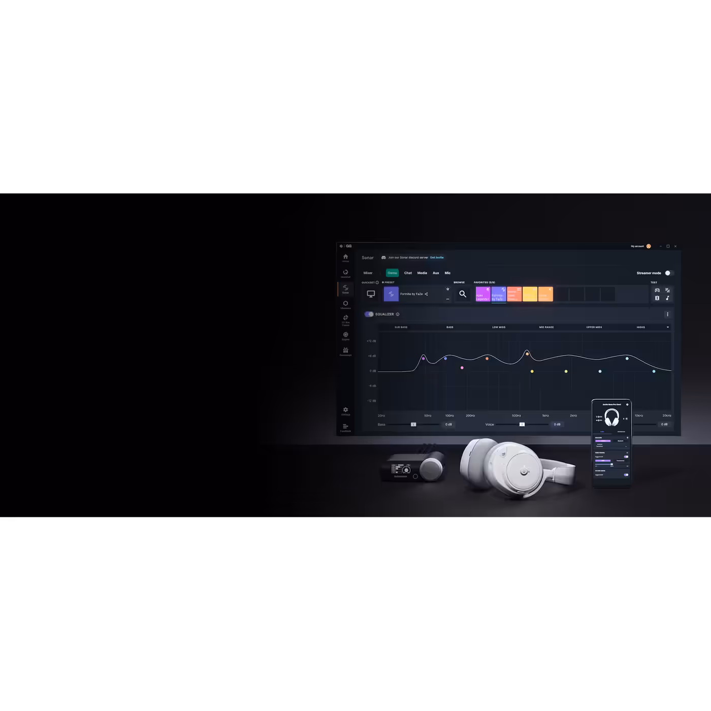 SteelSeries GG Sonar EQ on a monitor with the headset, GameHub and app