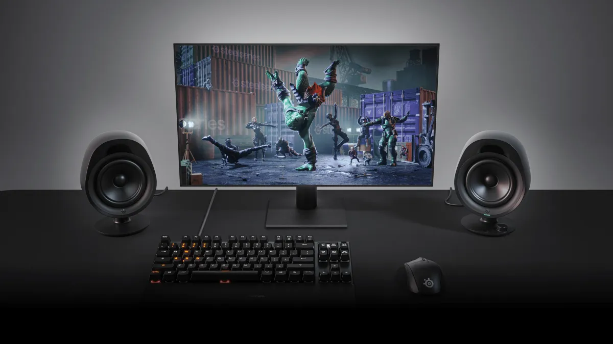 SteelSeries Arena 3 Gaming Speakers desktop view showing immersive audio setup