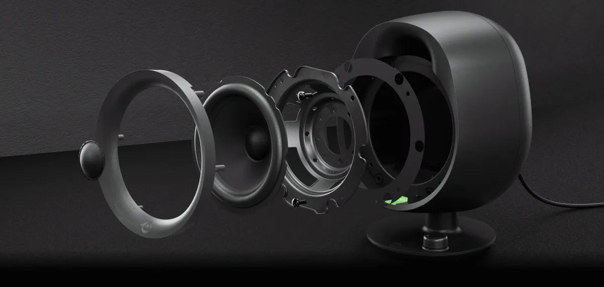 Close up of organic fiber cone drivers on SteelSeries Arena 3 speakers