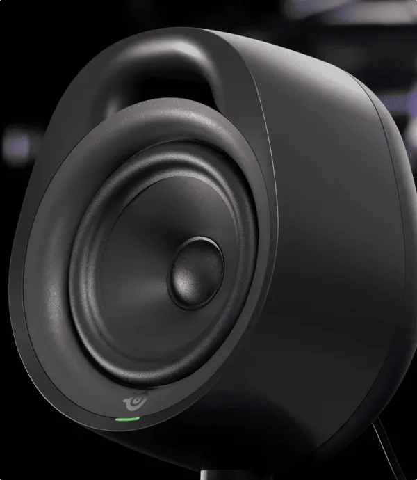 Adjustable tilt stand on SteelSeries Arena 3 speakers for optimal sound positioning