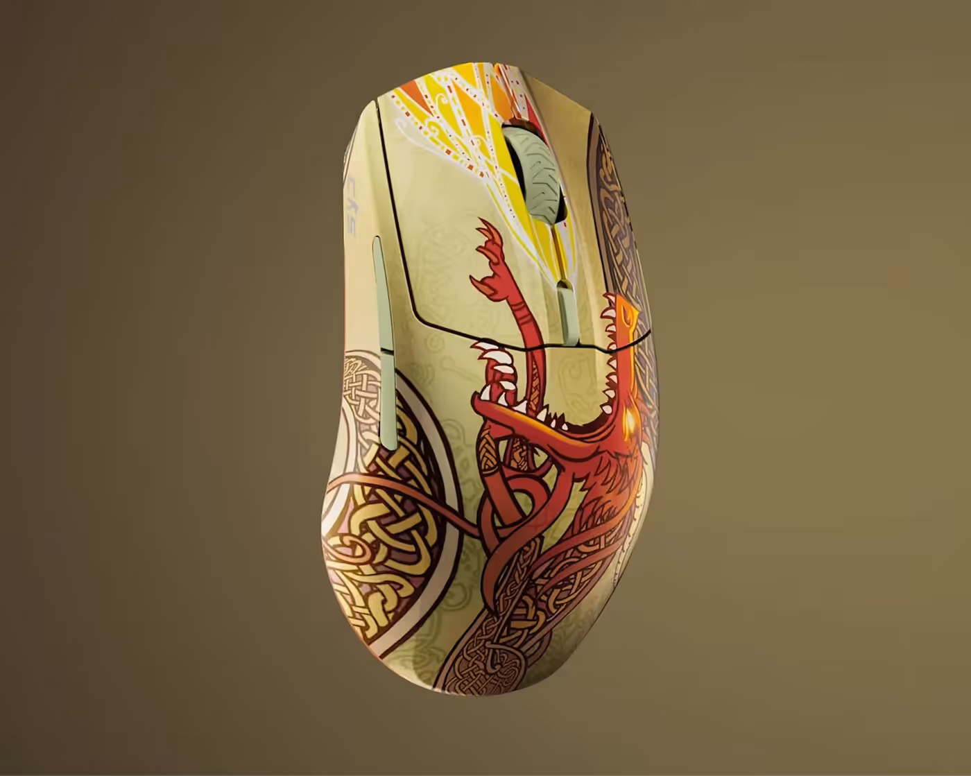SteelSeries CS2 Dragon Lore wireless gaming mouse with its RGB lighting zones lit and the Dragon Lore finish visible