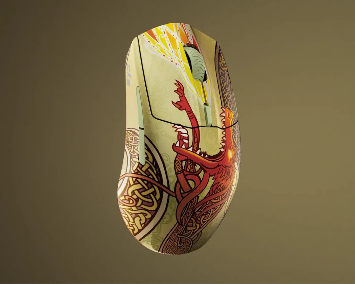 SteelSeries CS2 Dragon Lore wireless gaming mouse with its RGB lighting zones lit and the Dragon Lore finish visible