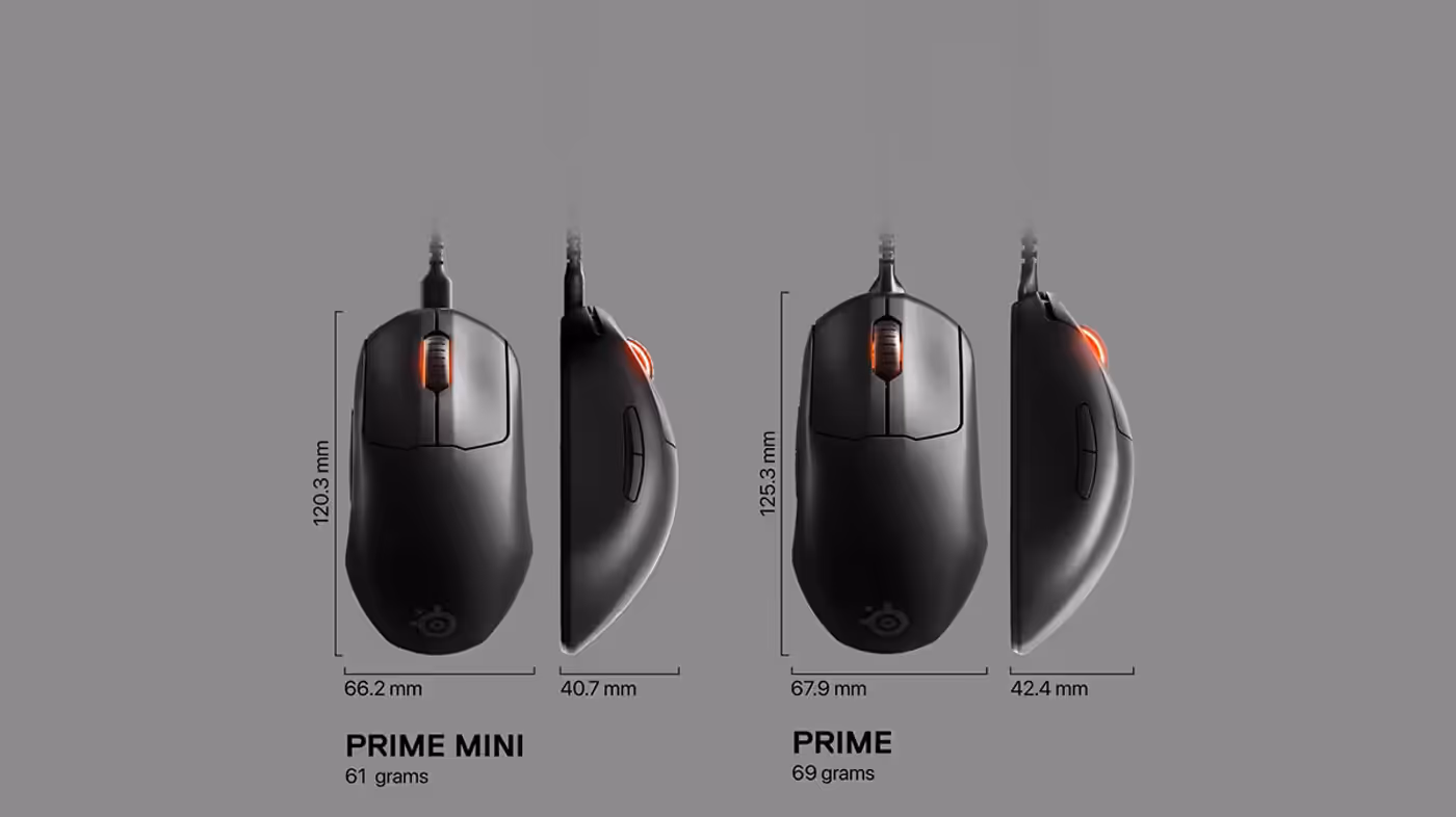 SteelSeries Prime Mini lightweight gaming mouse pictured on a desk mat