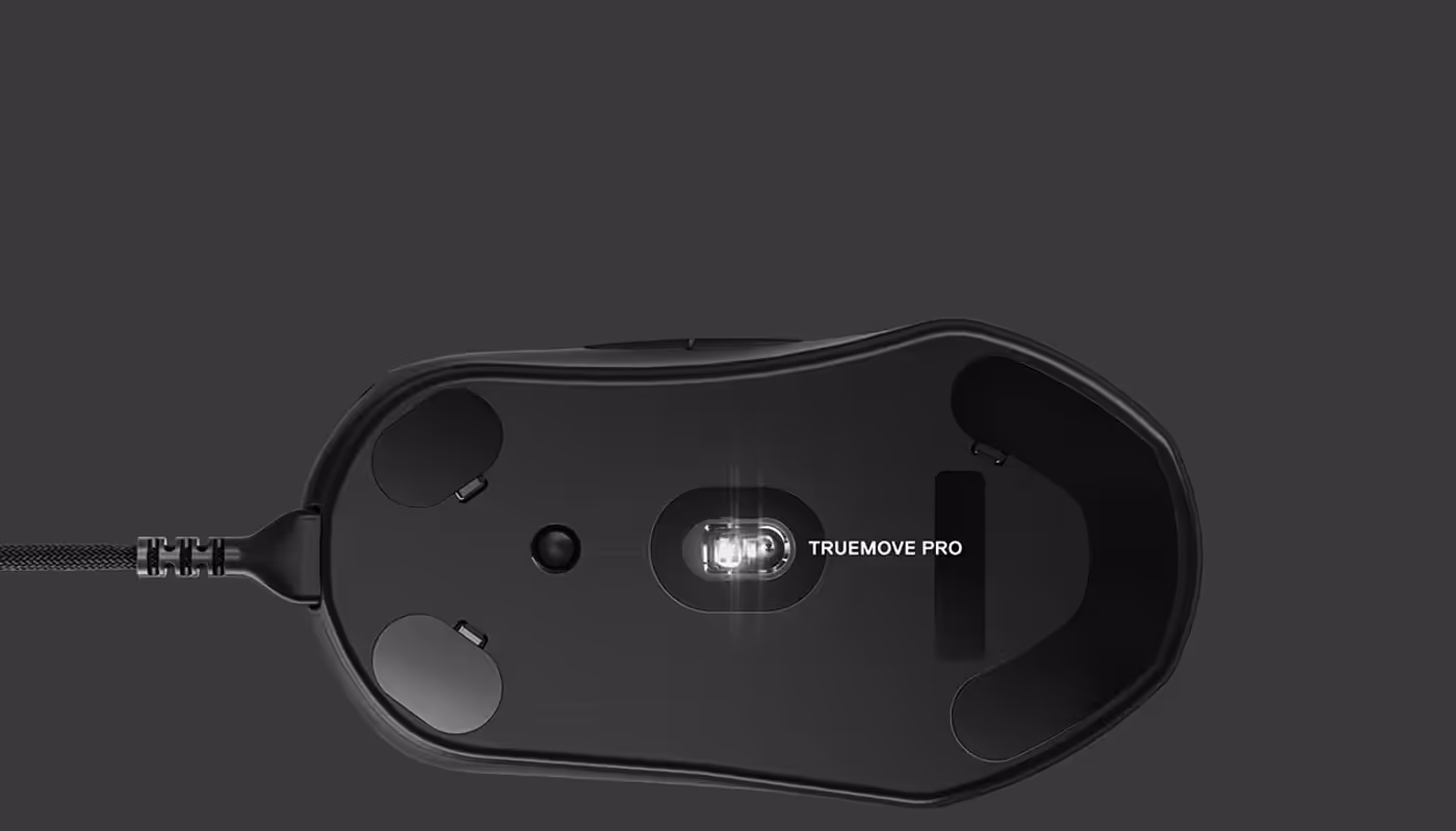 SteelSeries Prime Mini gaming mouse with its sensor tracking surface in view