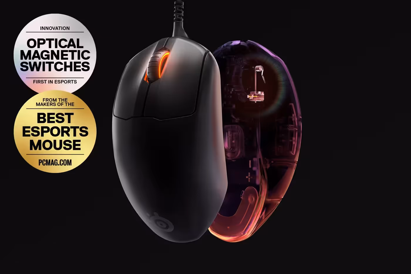 SteelSeries Prime Pro Series gaming mouse shown in black alongside its industry awards