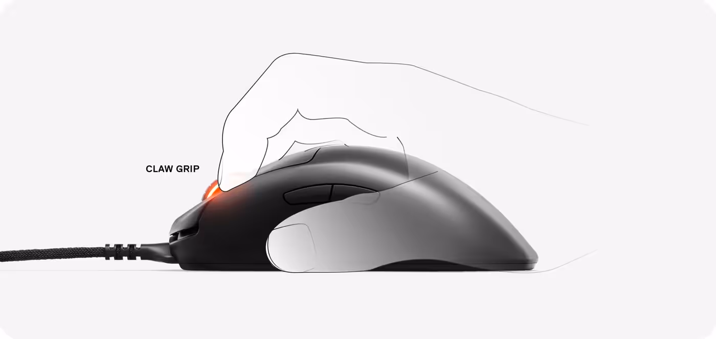 Hand demonstrating a claw grip on the SteelSeries Prime Pro Series mouse