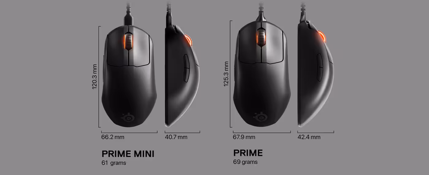 The SteelSeries Prime Pro Series mouse held to show its ergonomic shape