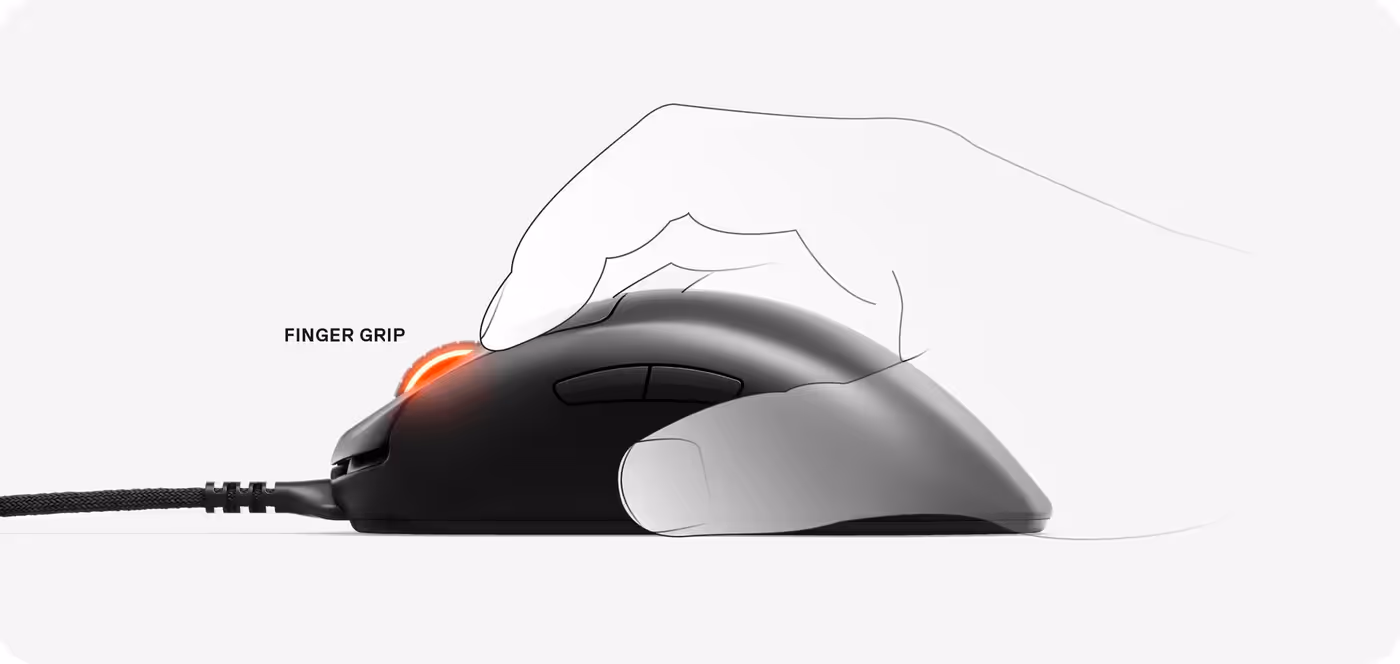 Hand demonstrating a finger grip on the SteelSeries Prime Pro Series mouse