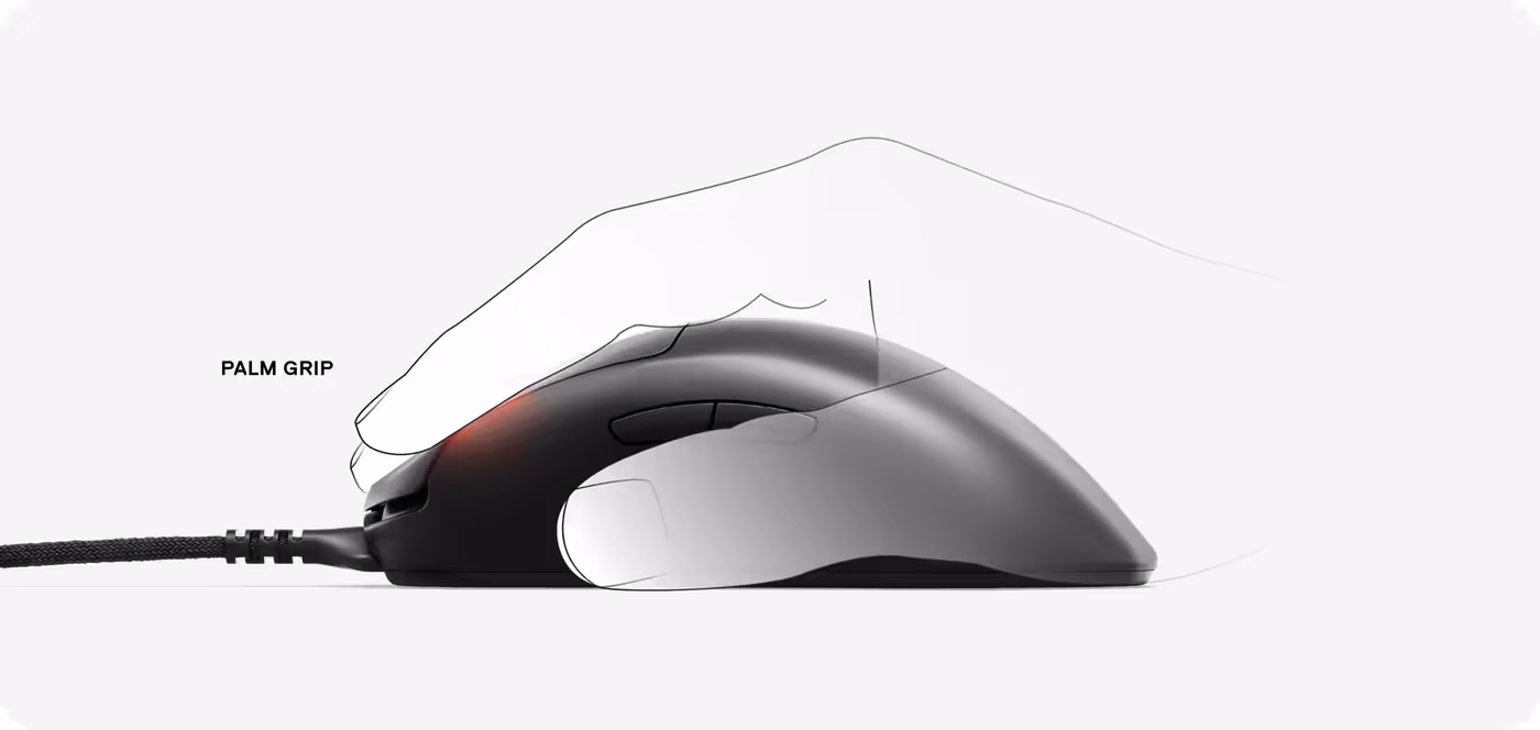 Hand demonstrating a palm grip on the SteelSeries Prime Pro Series mouse