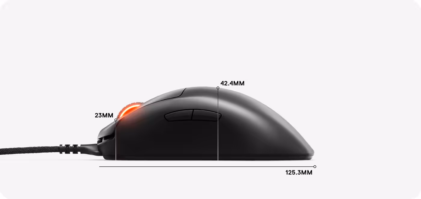 Measurement diagram showing the side height profile of the SteelSeries Prime Pro Series mouse