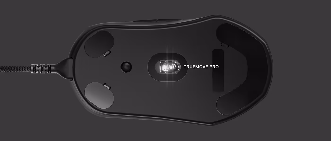 The TrueMove Pro gaming sensor fitted to the underside of the Prime Pro Series mouse
