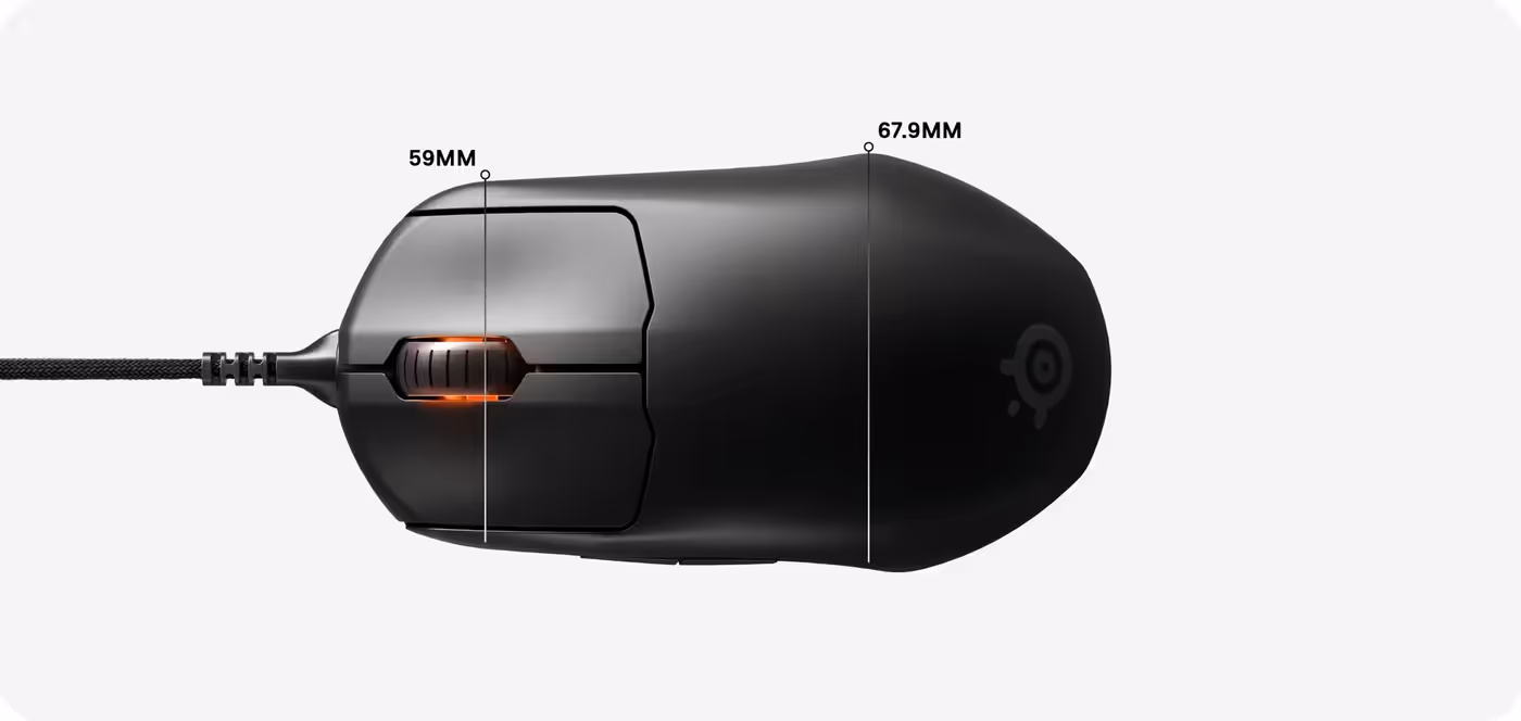 Measurement diagram showing the width of the SteelSeries Prime Pro Series mouse