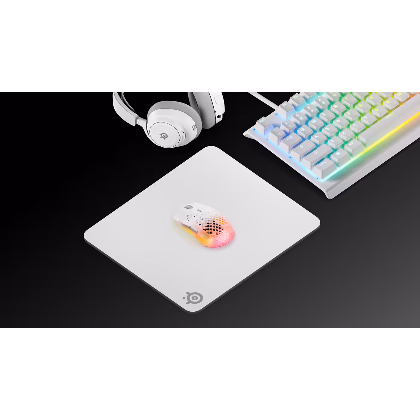 QcK Heavy Large White in a matching SteelSeries desk setup