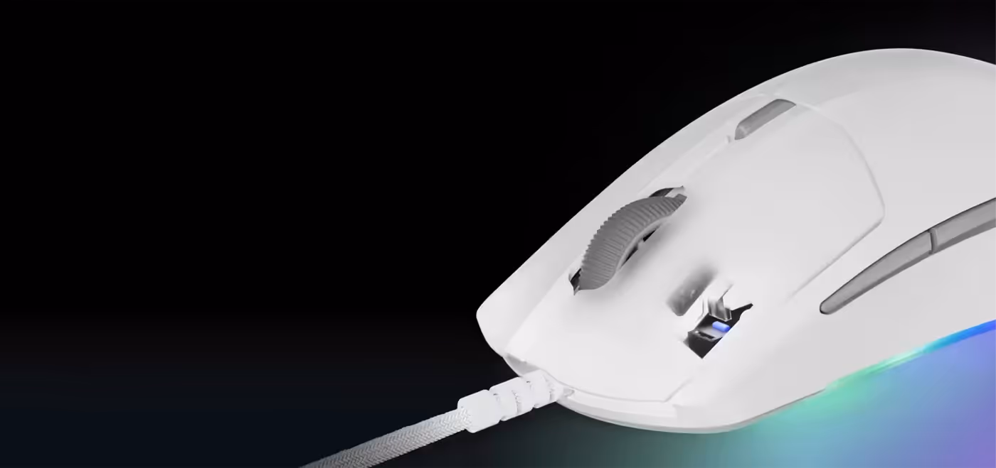 White SteelSeries Rival 3 Gen 2 with its main click buttons in focus
