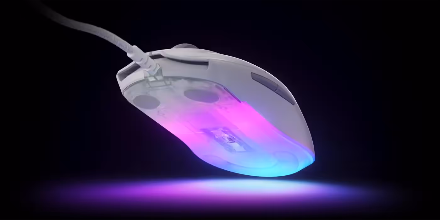 White Rival 3 Gen 2 gaming mouse with its three RGB lighting zones lit