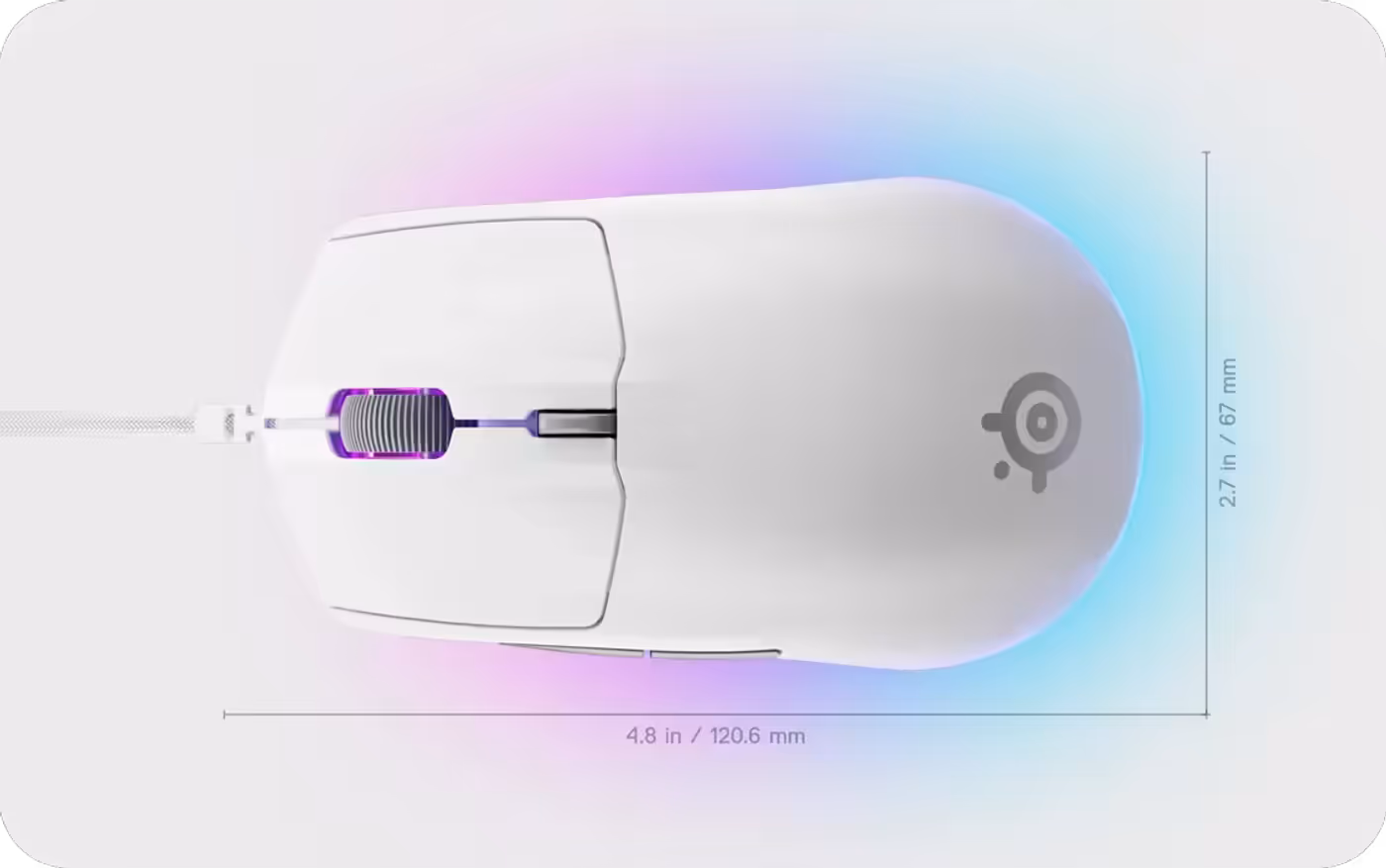 White SteelSeries Rival 3 Gen 2 gaming mouse showing its ergonomic shape