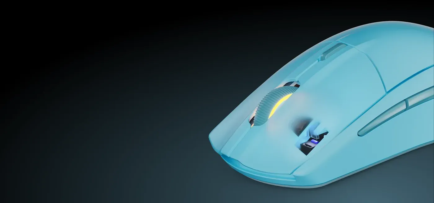 Aqua Rival 3 Gen 2 Wireless mouse with its mechanical click buttons in focus