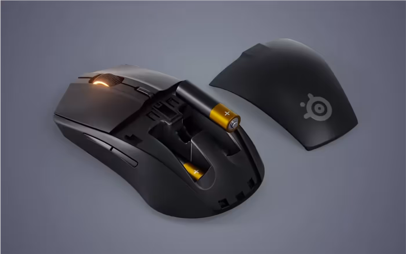 Rival 3 Gen 2 Wireless mouse opened to show its rechargeable AAA battery