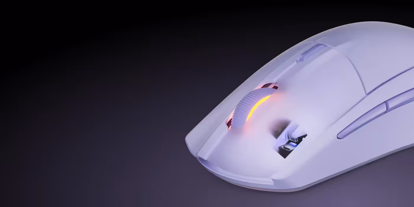 Lavender Rival 3 Gen 2 Wireless mouse with its mechanical switch buttons in view