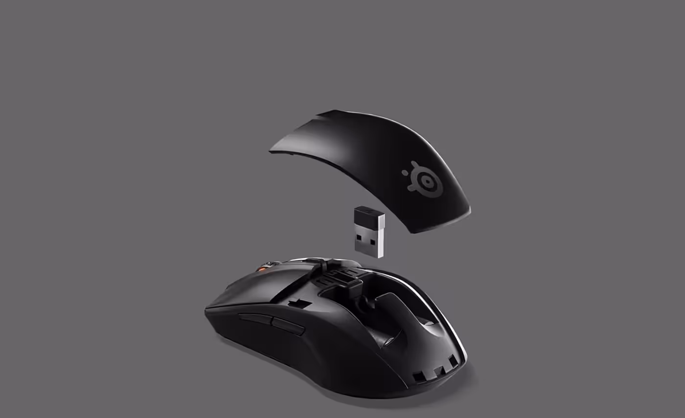 SteelSeries Rival 3 Wireless mouse opened to show its battery bay