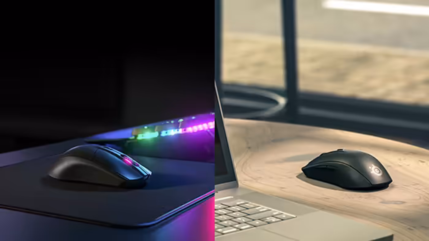 SteelSeries Rival 3 Wireless mouse alongside a laptop setup