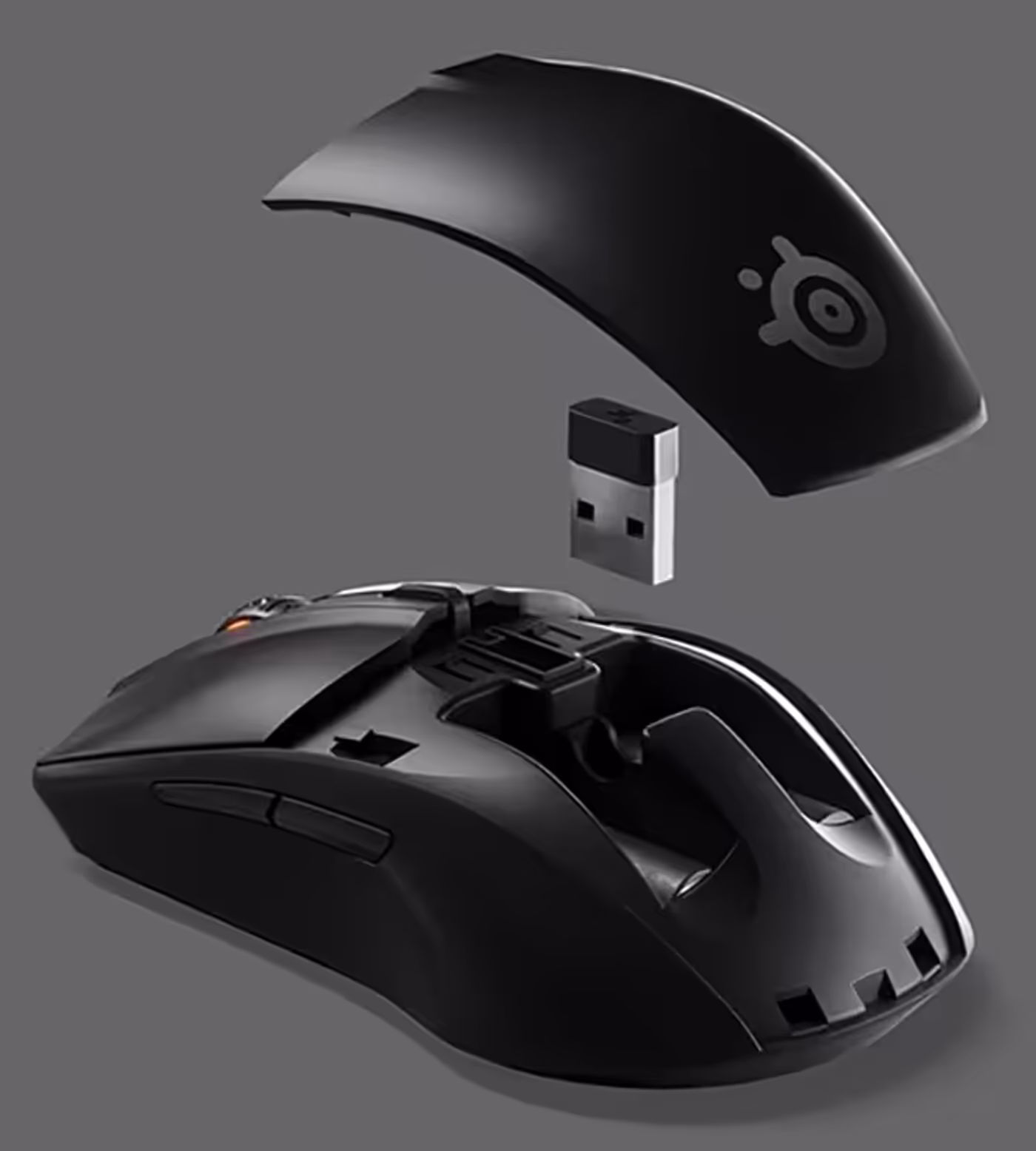 Dongle storage compartment inside the SteelSeries Rival 3 Wireless