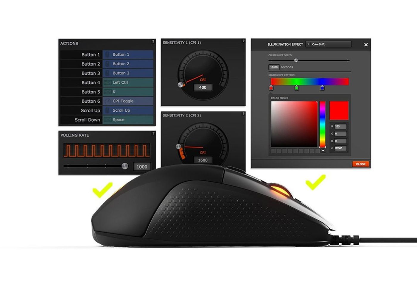 SteelSeries Rival 710 gaming mouse showing RGB lighting customization options