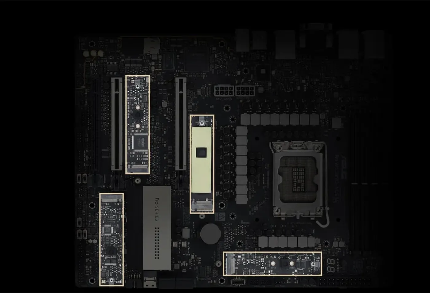 Motherboard close-up showing PCIe 5.0 x16 slots with SafeSlot brackets