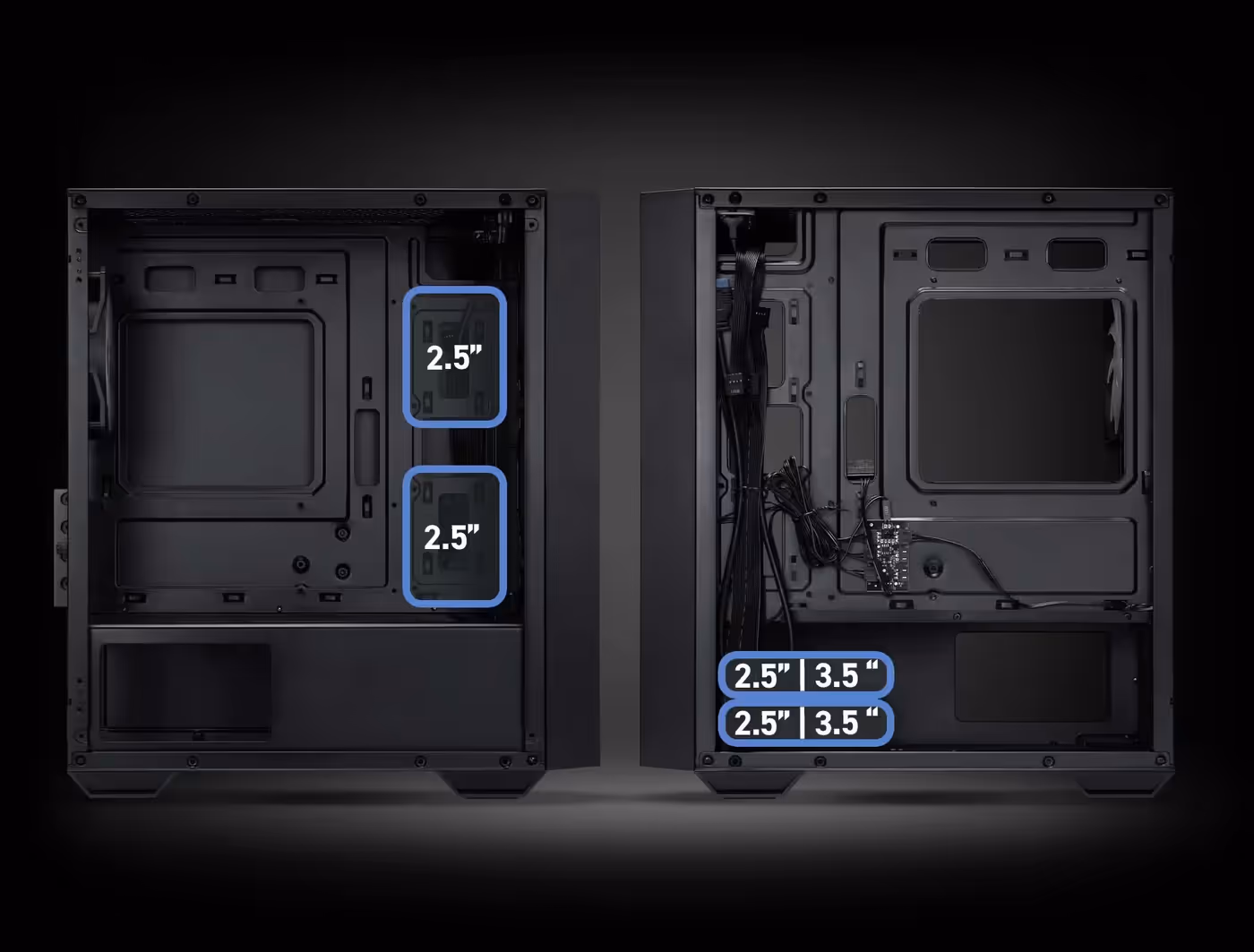 Storage mounting layout illustrating positions for 2.5 inch and 3.5 inch drives