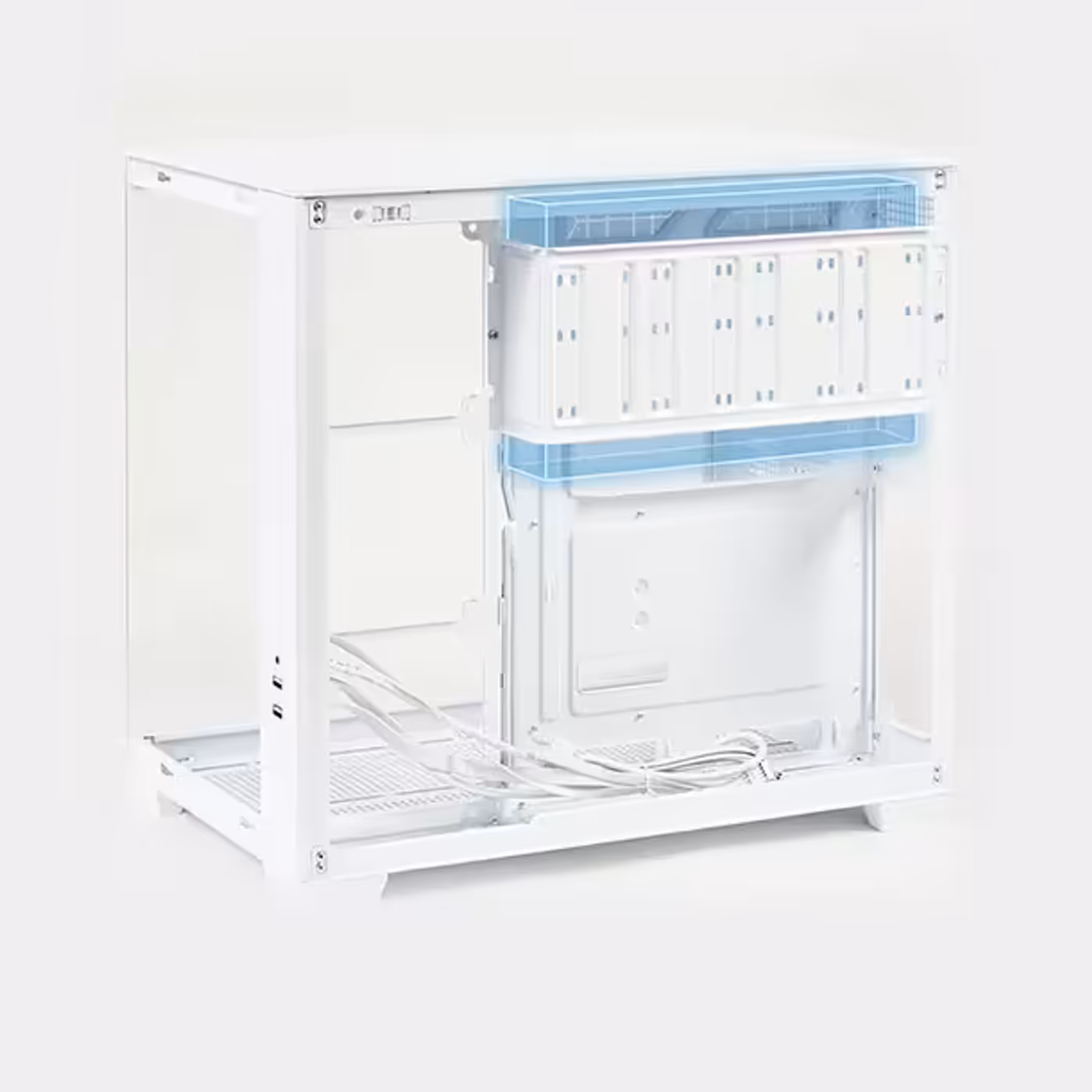White A32 PLUS PC case interior with a removable hard drive bracket is highlighted