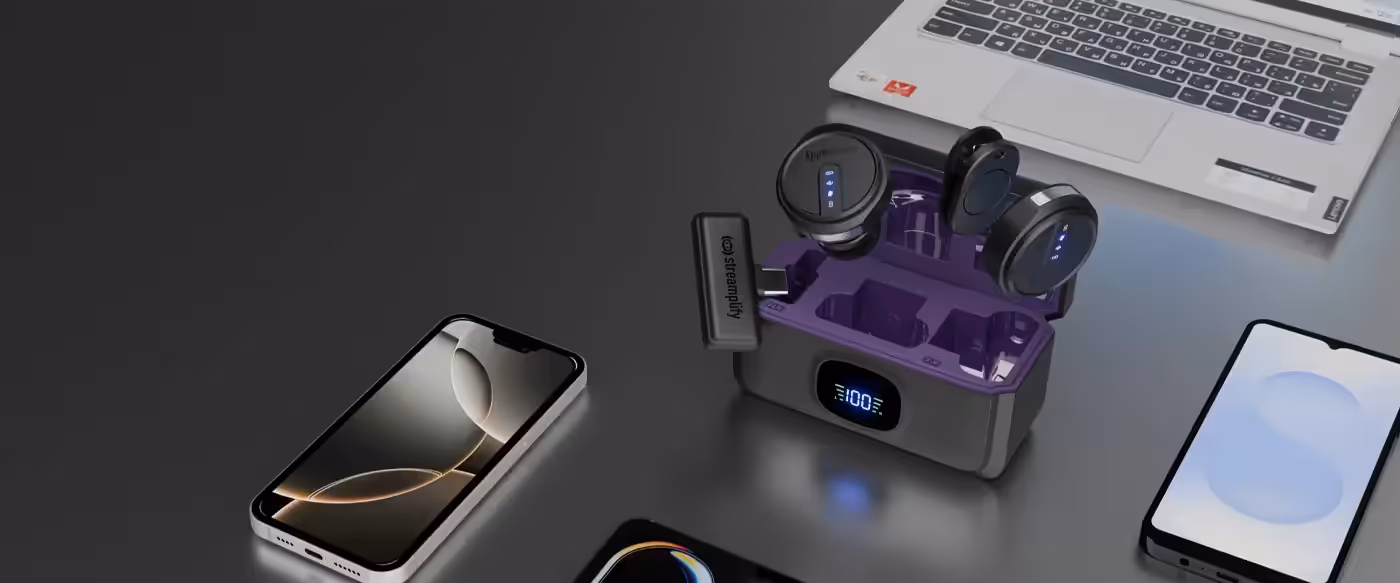 Streamplify Mic Go portable wireless microphone shown in use with a phone