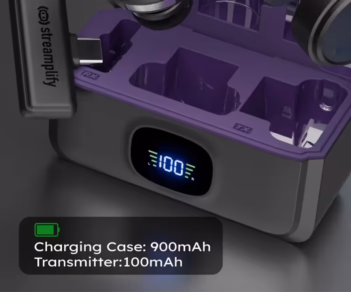 The Streamplify Mic Go sitting in its portable charging case