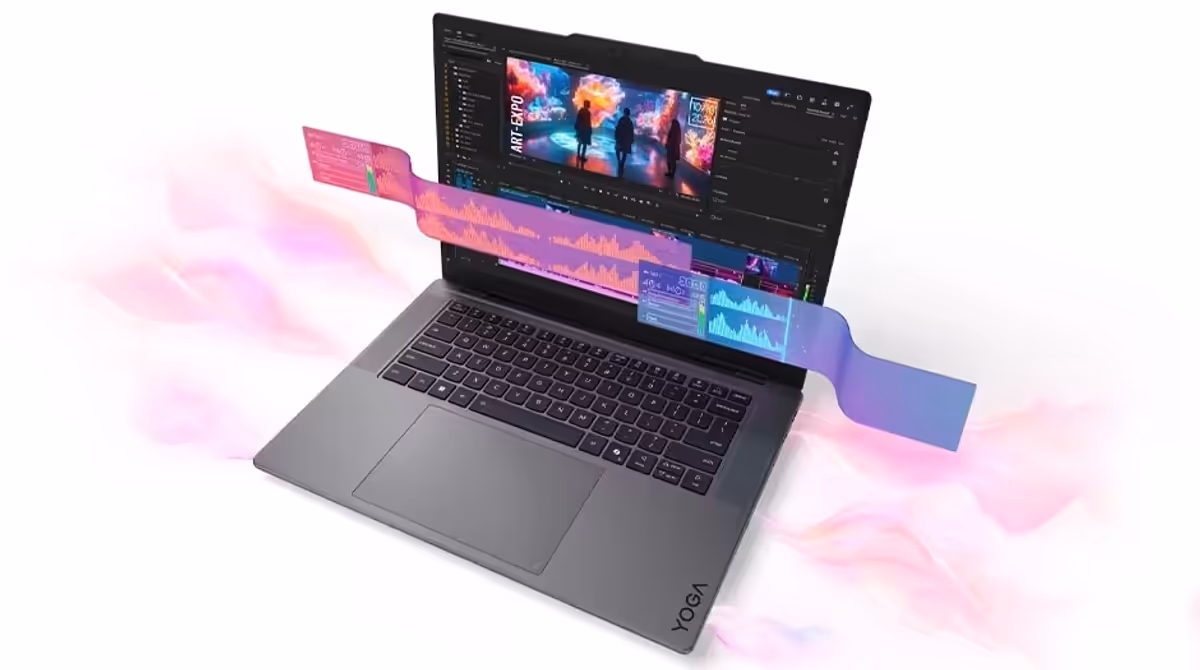 Top angle view of the Lenovo Yoga Pro 7i Gen 11 Aura Edition (15” Intel) with a ribbon of performance indicators hovering in front of the display.