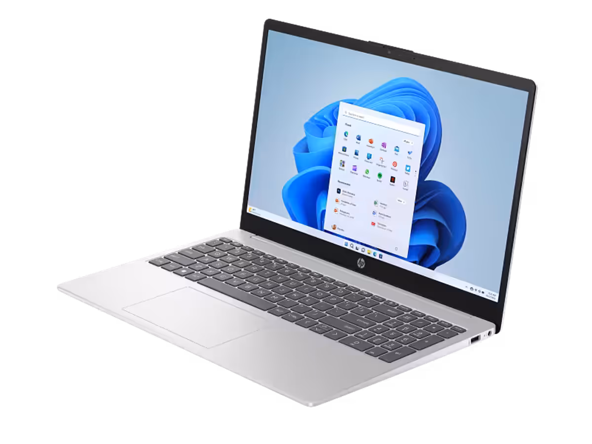 HP 15.6 inch Laptop PC viewed from the left side highlighting processor and connectivity options