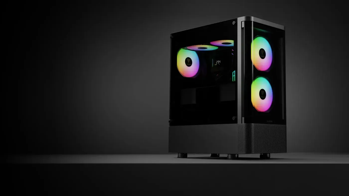Close-up of the unique curved front panel design on the TALOS E3 CG case
