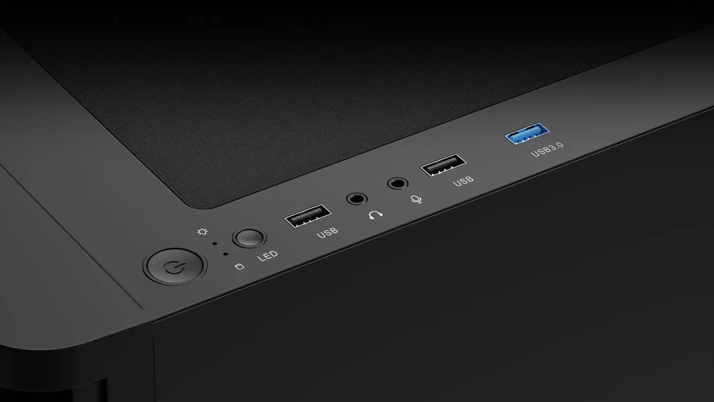 Top front I/O panel featuring USB 3.0, USB ports, and LED controls