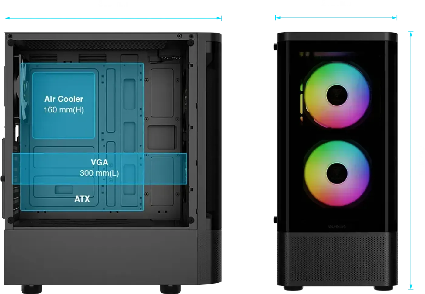 Internal chassis view demonstrating support for ATX motherboards and 300mm GPUs