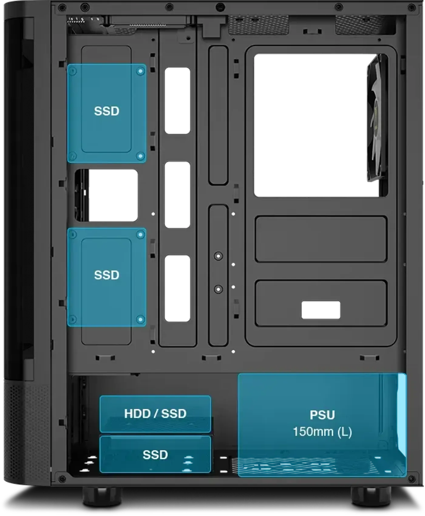 Storage and PSU compartment showing space for cable management and 150mm power supplies