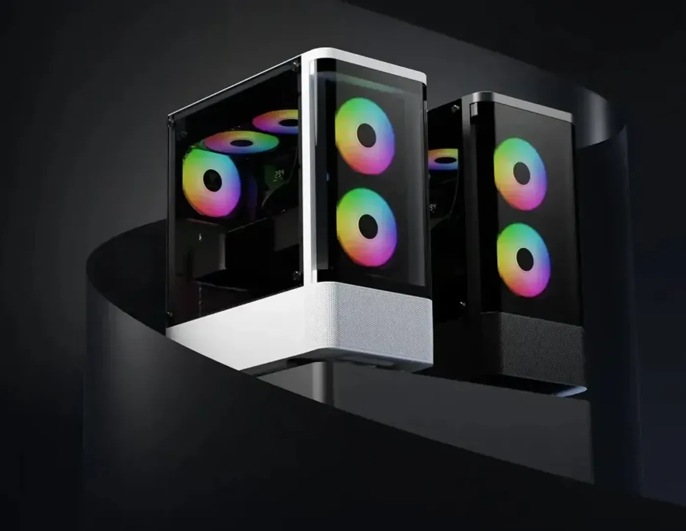 TALOS E3 CG Series mid-tower case featuring a curved front panel and tempered glass