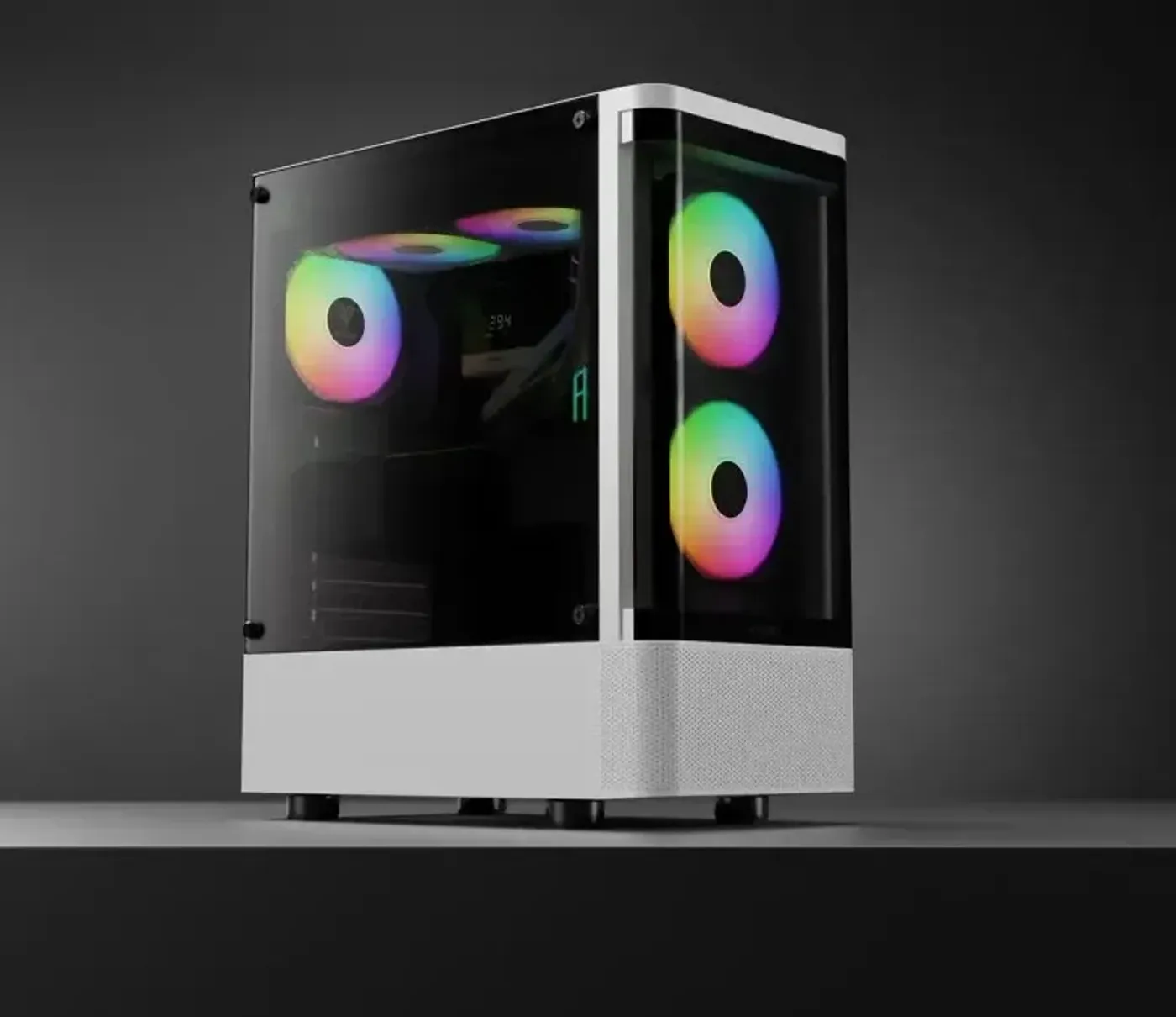 Detail view of the modern curved front panel design on the TALOS E3 case