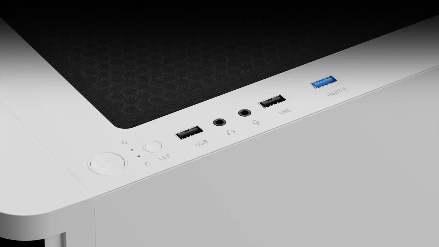 Top front I/O panel with USB ports and LED lighting controls for easy access