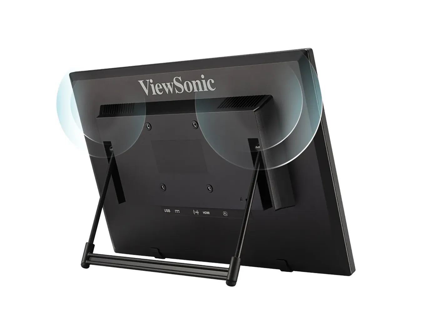 Display featuring integrated dual speakers for stereo audio output