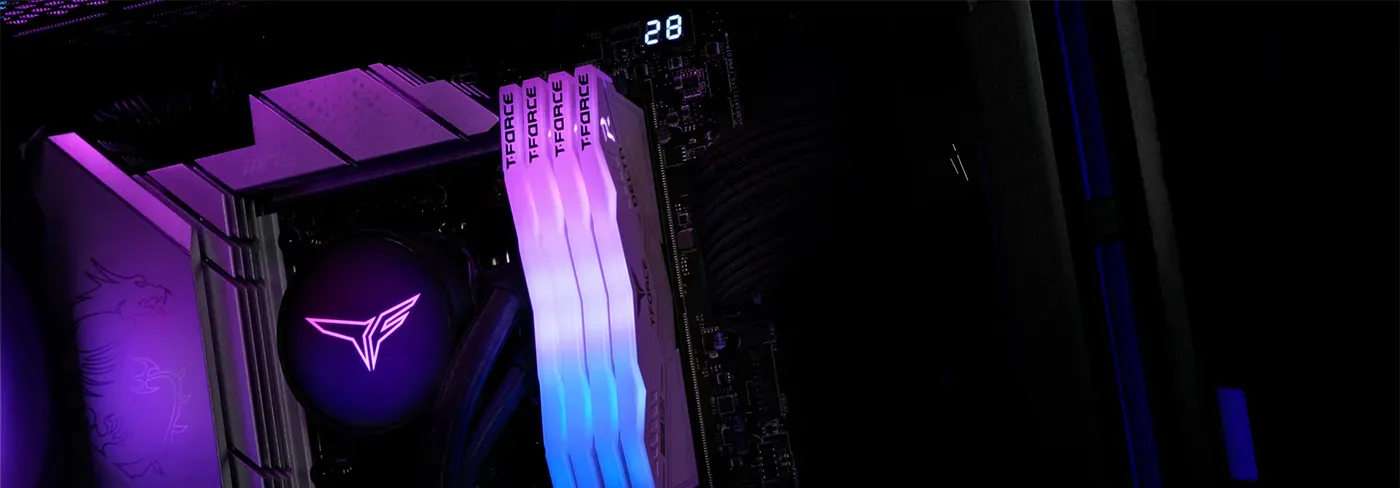 Custom RGB effects running across T-Force DELTA RGB DDR5 memory modules