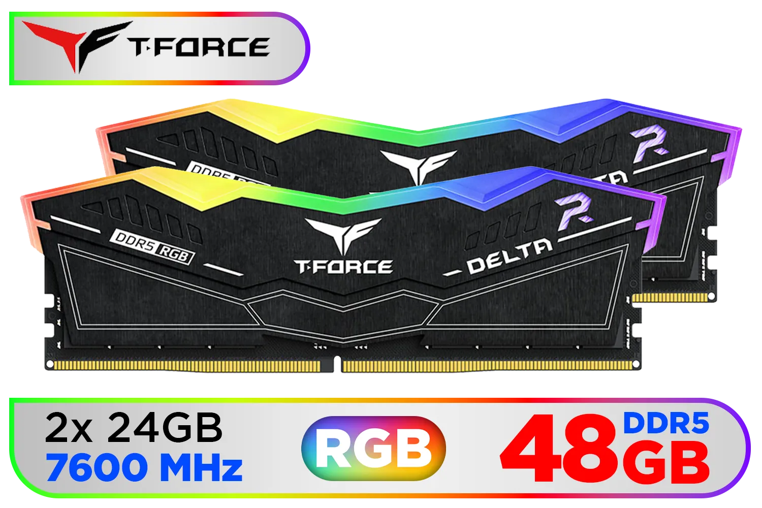 Teamgroup T-Force DELTA RGB 48GB DDR5 Desktop Memory - Black / 48GB (2x24GB) / 7600MHz / CL36 / FF3D548G7600HC36EDC01