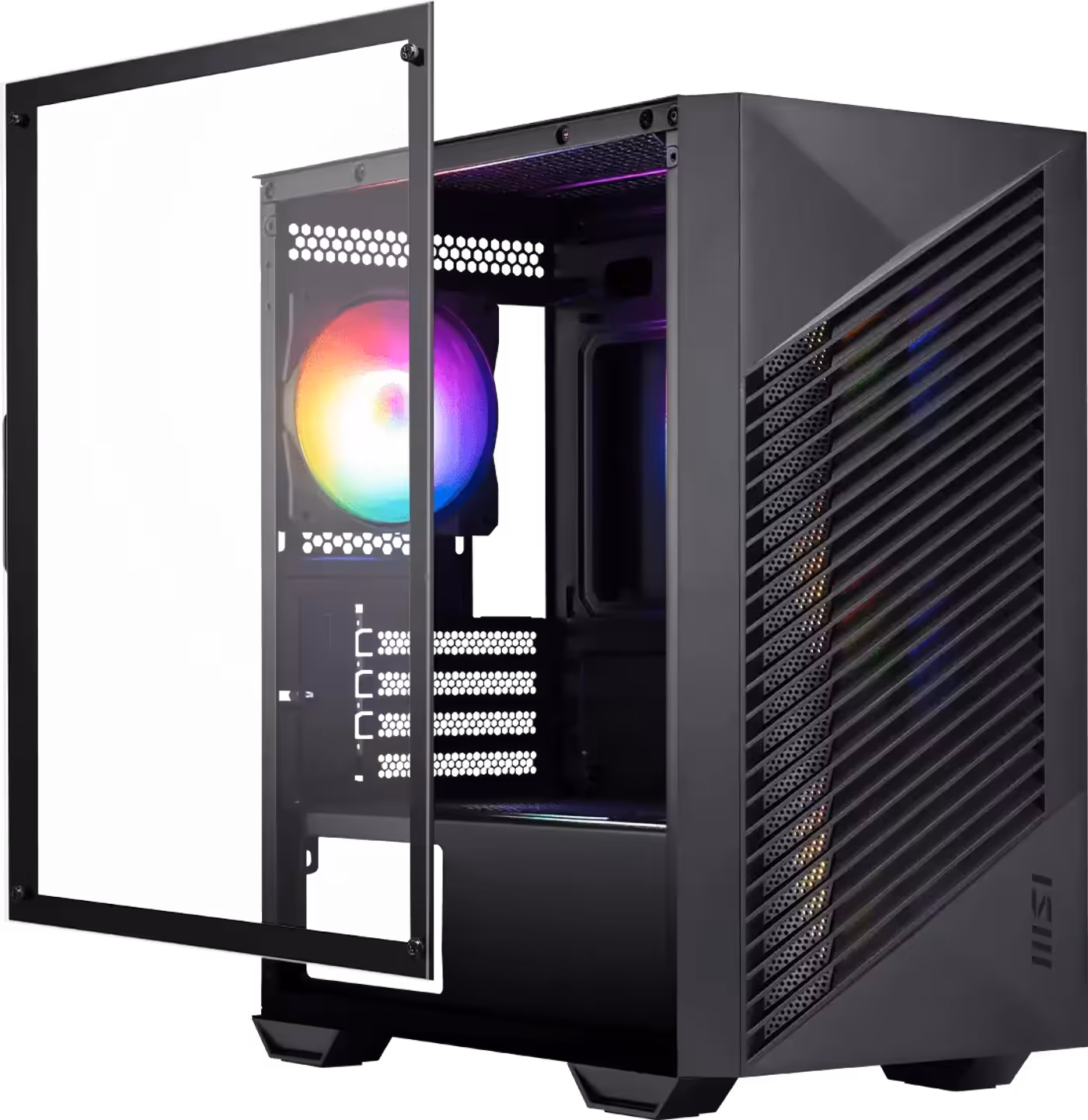 Side view of the computer case featuring a 3 mm thick tempered glass window